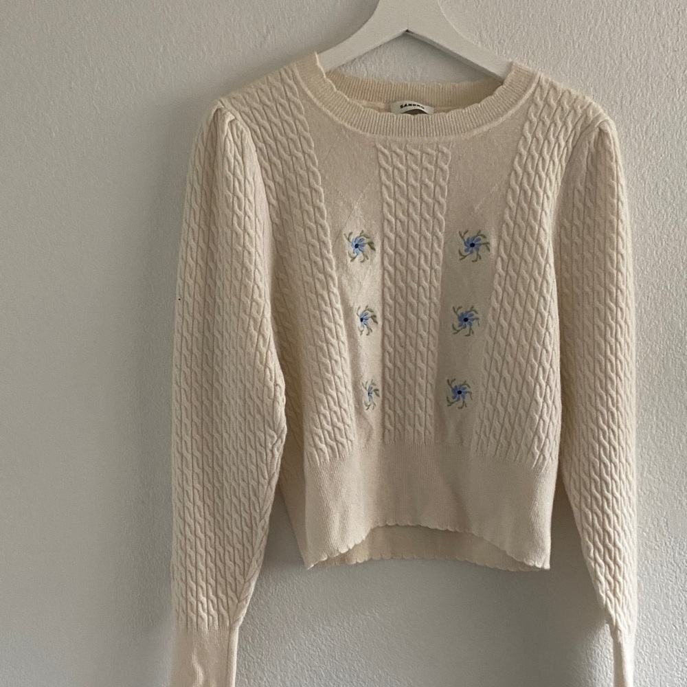 Sandro Cream Cable Knit Sweater with Blue Floral Accents - Picture 2 of 4